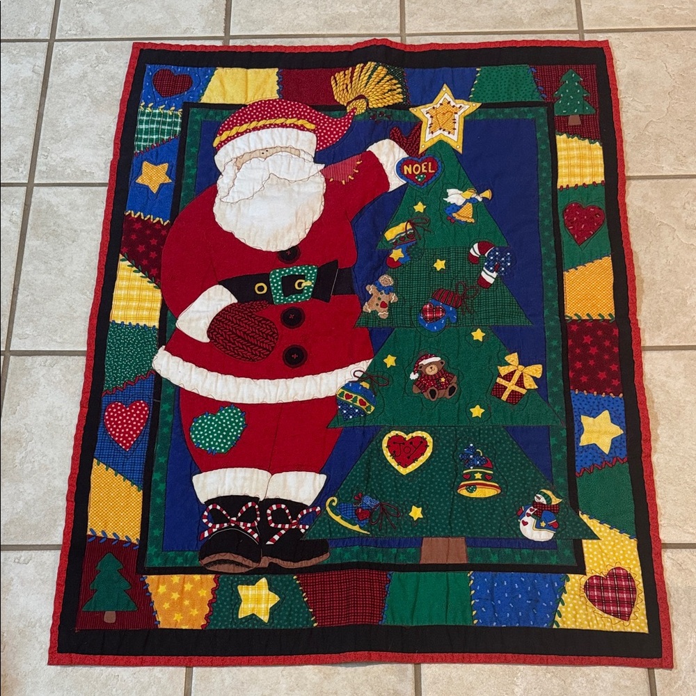 Quilt Throw Colorful Santa and Christmas Tree Holiday Throw